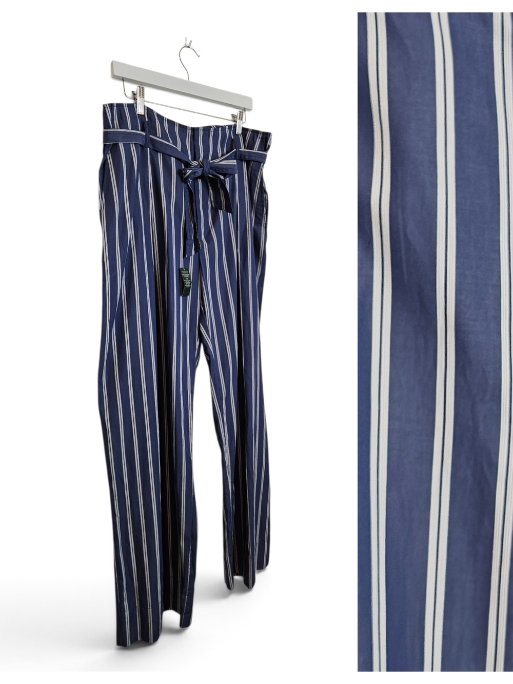 Lauren Ralph Lauren Wide Leg Pants 14 Paperbag Belted Striped Navy White Cotton